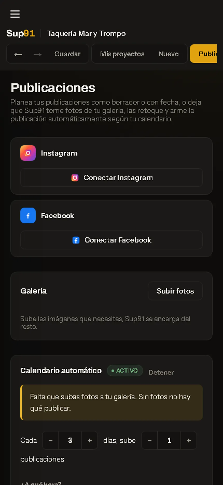 La sección de Publicaciones de Sup91, con Instagram, Facebook y el calendario automático